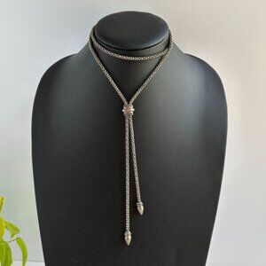 Gunmetal Silver Tone Lariat Necklace With Beaded Chains & Drop End Accents 26" W